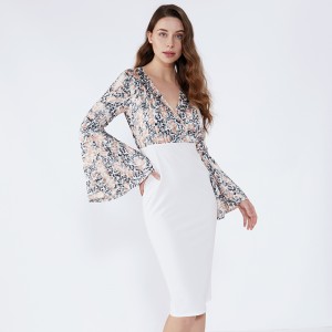 Valkoinen kukkavaippa aallotettu hiha muodollinen Bodycon mekko 2019 naisten vaatteet